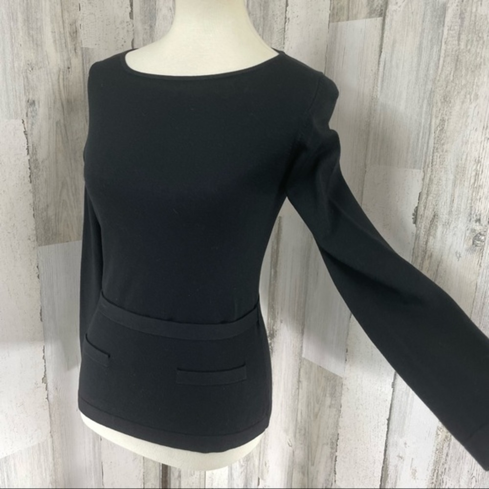 LOFT Women's Black Scoop Neck Long Sleeve Belted Shirt Top Blouse Knit Sz S